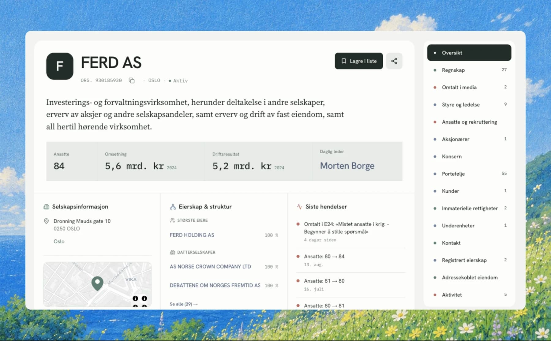 Companybook-oversikt med nøkkeltall, selskapsinformasjon, eierskap og siste hendelser.