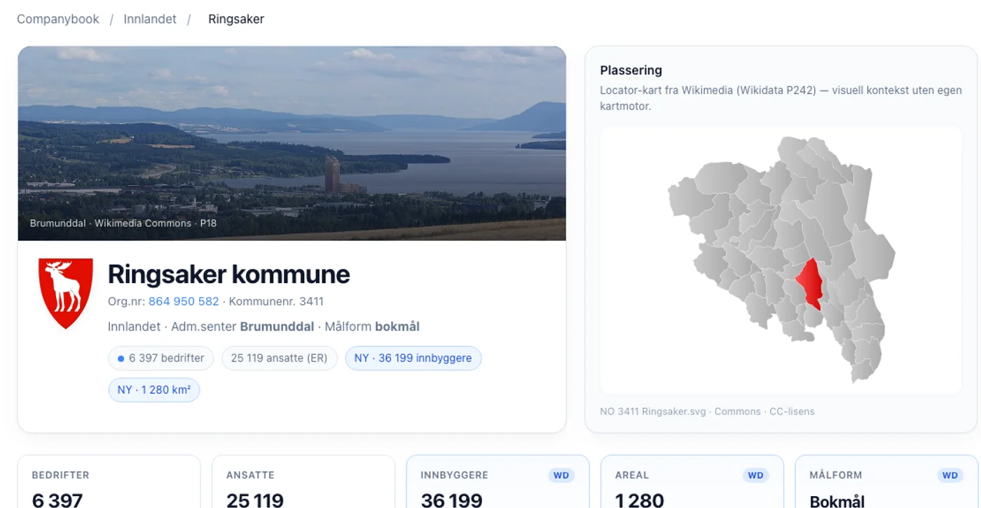Companybook-side som samler offentlig informasjon om Ringsaker kommune i én oversikt